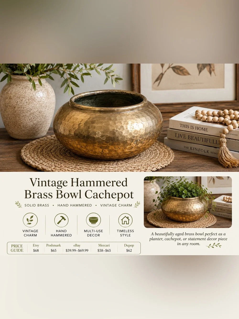 Vintage Hammered Brass Bowl Planter Cachepot Boho Patina Home Decor